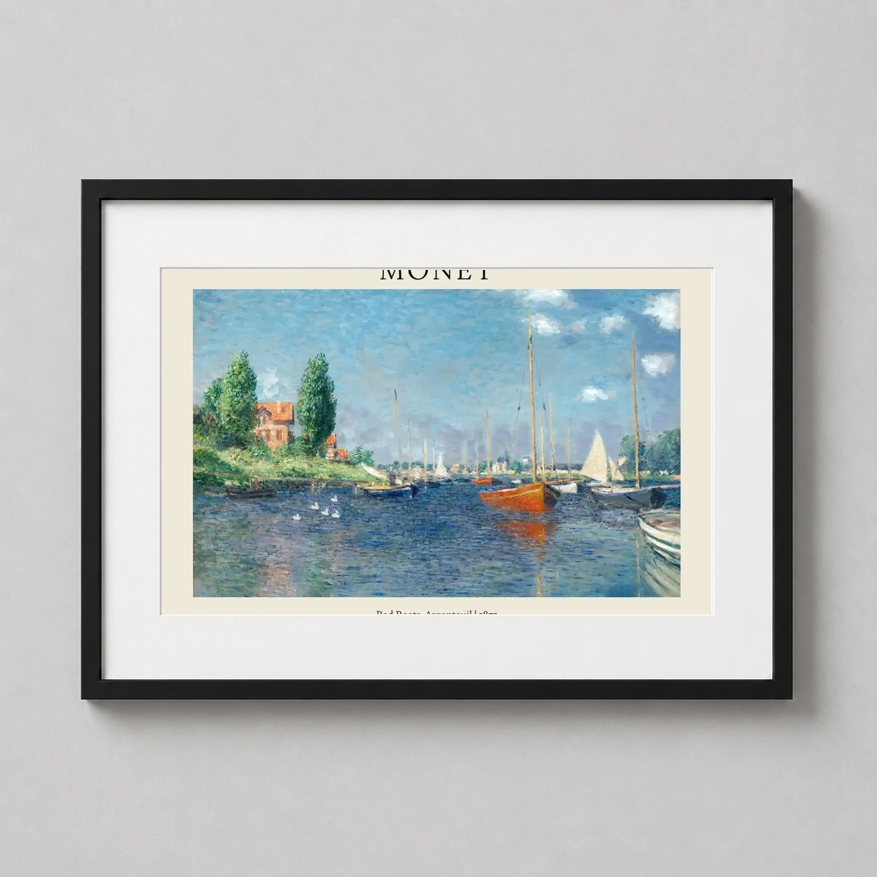 Claude Monet Red Boats — this impressionist masterpiece captures vibrant red sailboats bobbing