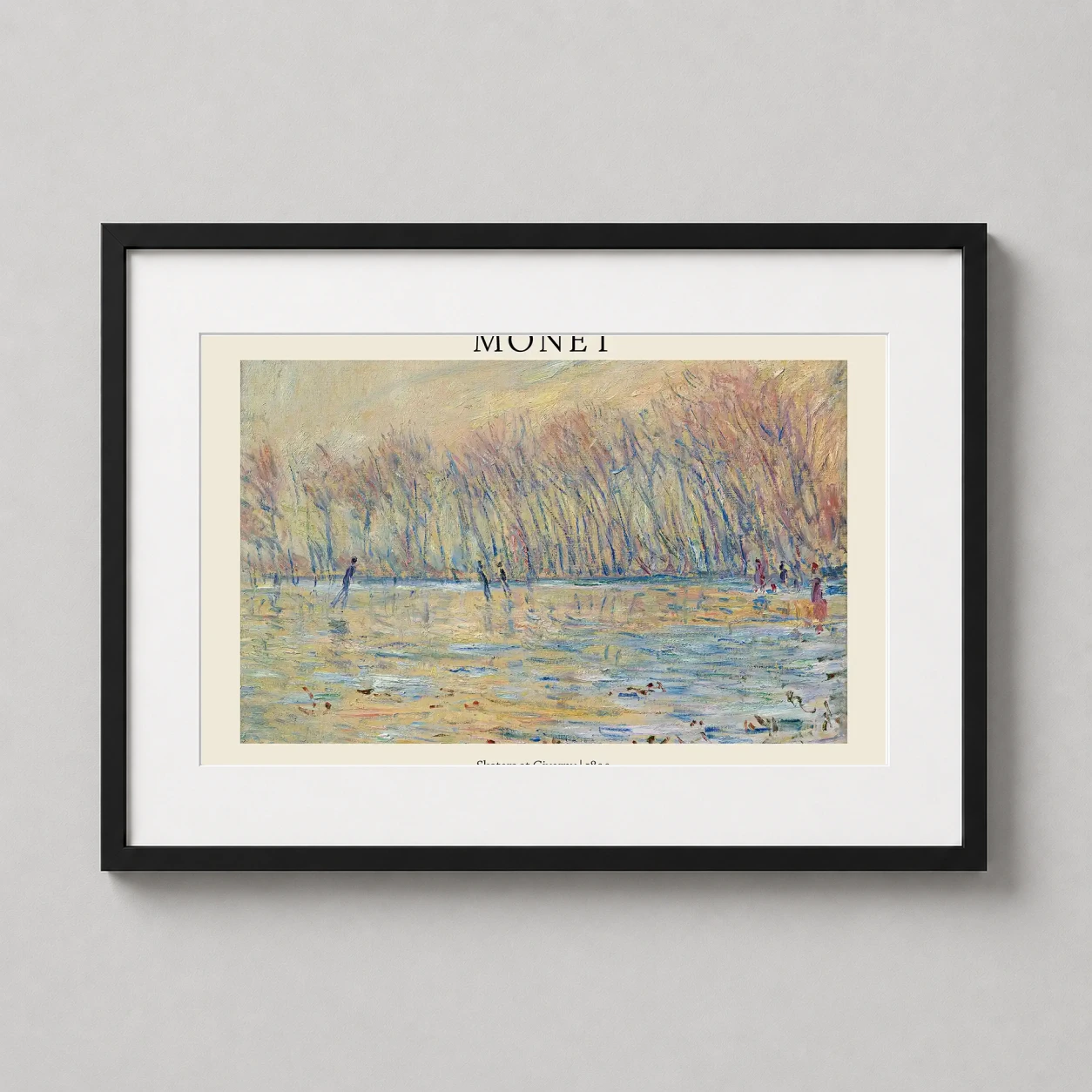 Room mockup of Claude Monet Skaters at Giverny 1899 Impressionist Fine Art Print, displayed as framed wall art in a bedroom setting as a landscape print with blue, yellow, and gold tones.