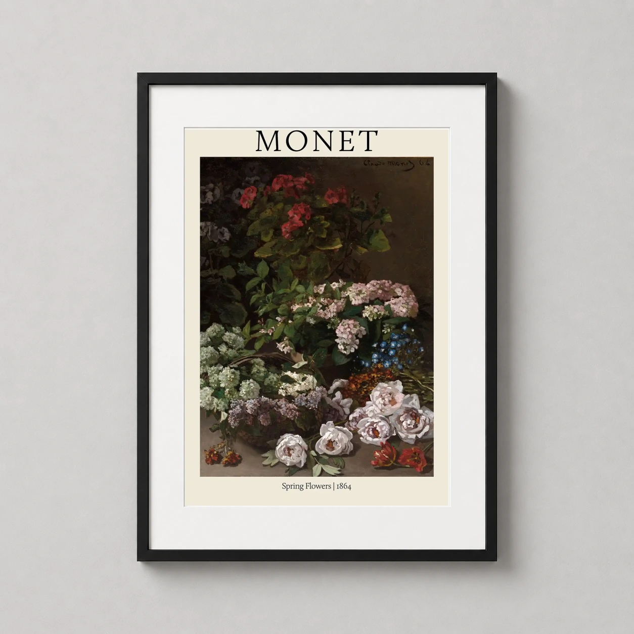 Claude Monet Spring Flowers — lush Impressionist arrangement of white peonies, pink hydrangeas, and