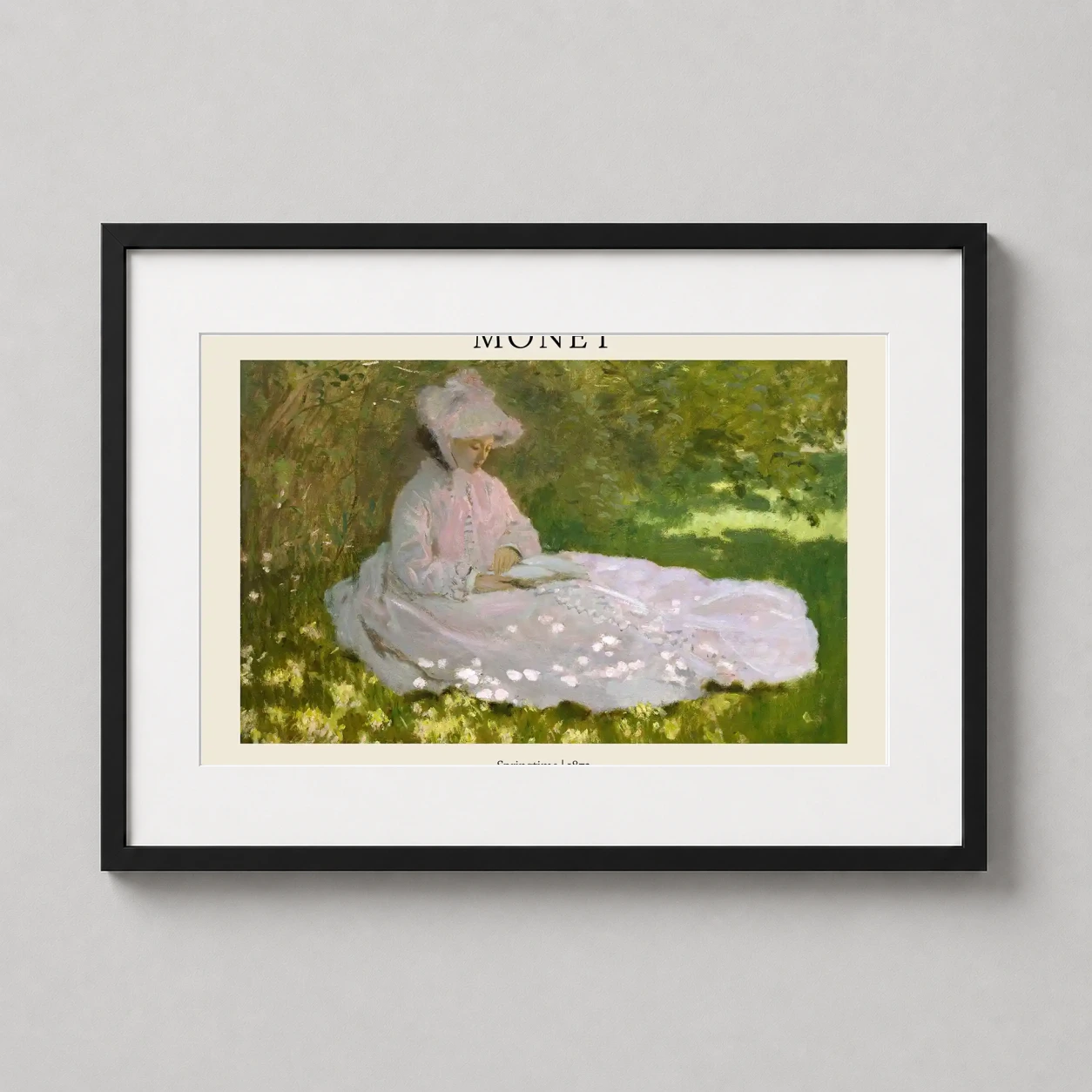 Claude Monet Springtime 1872 — impressionist painting of a woman in a white gown reading in a dappled
