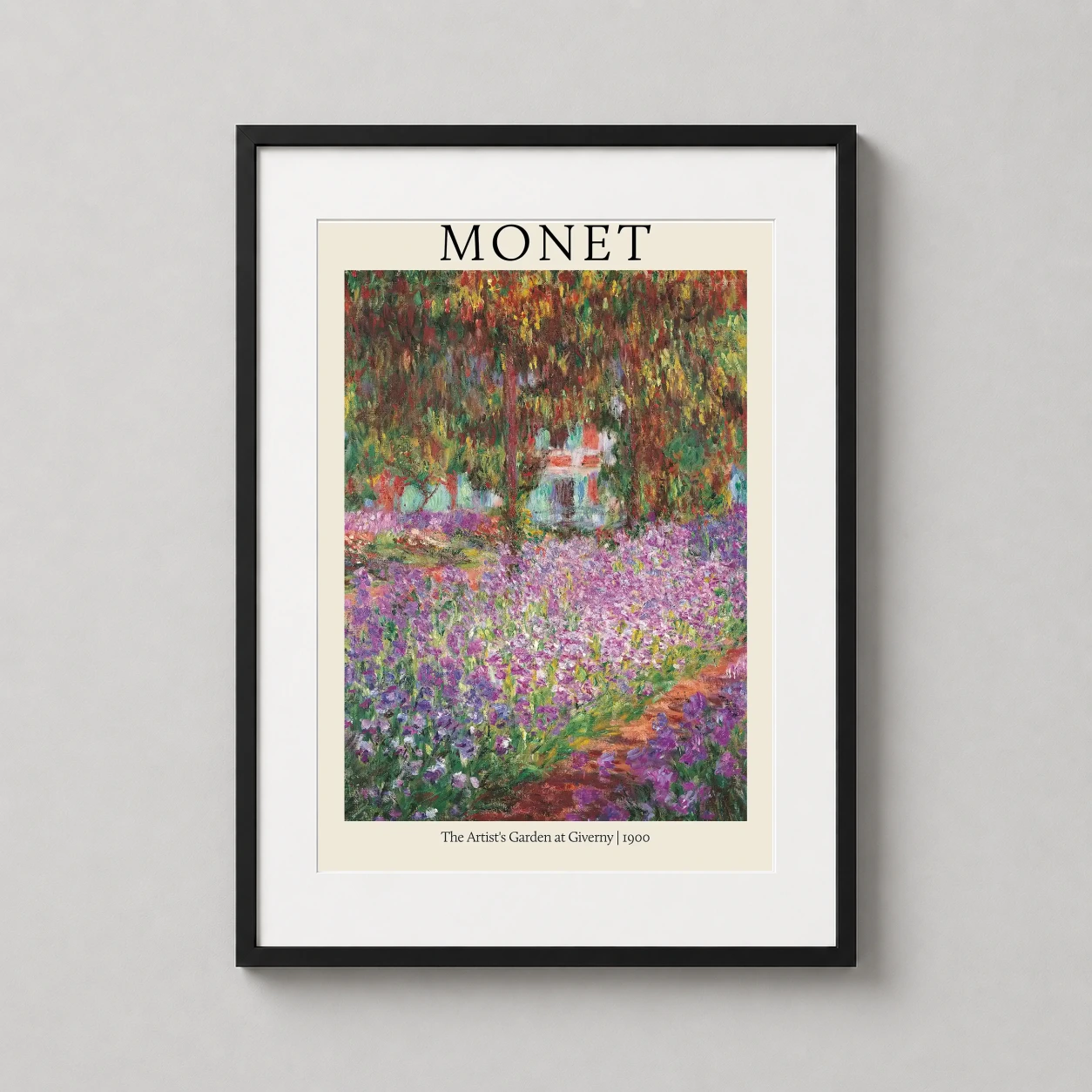 Monet Artist's Garden Giverny — lush Impressionist scene of purple irises and dapple light under willow