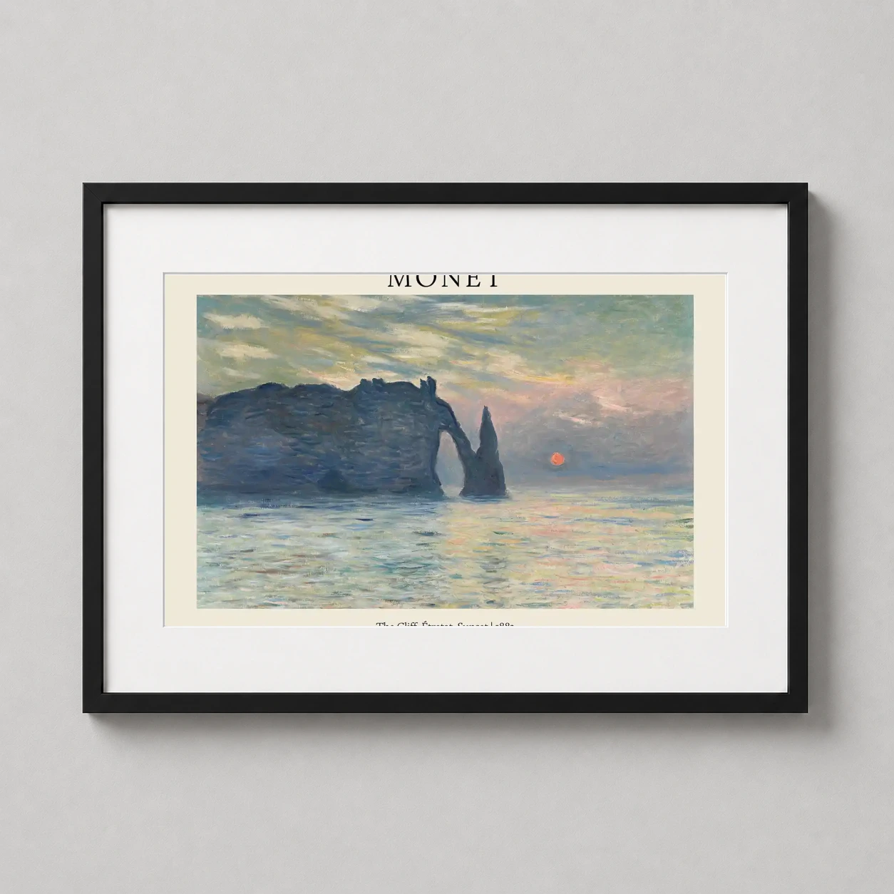 Monet Cliff Etretat Sunset — impressionist depiction of the Porte d'Aval arch at sunset, featuring