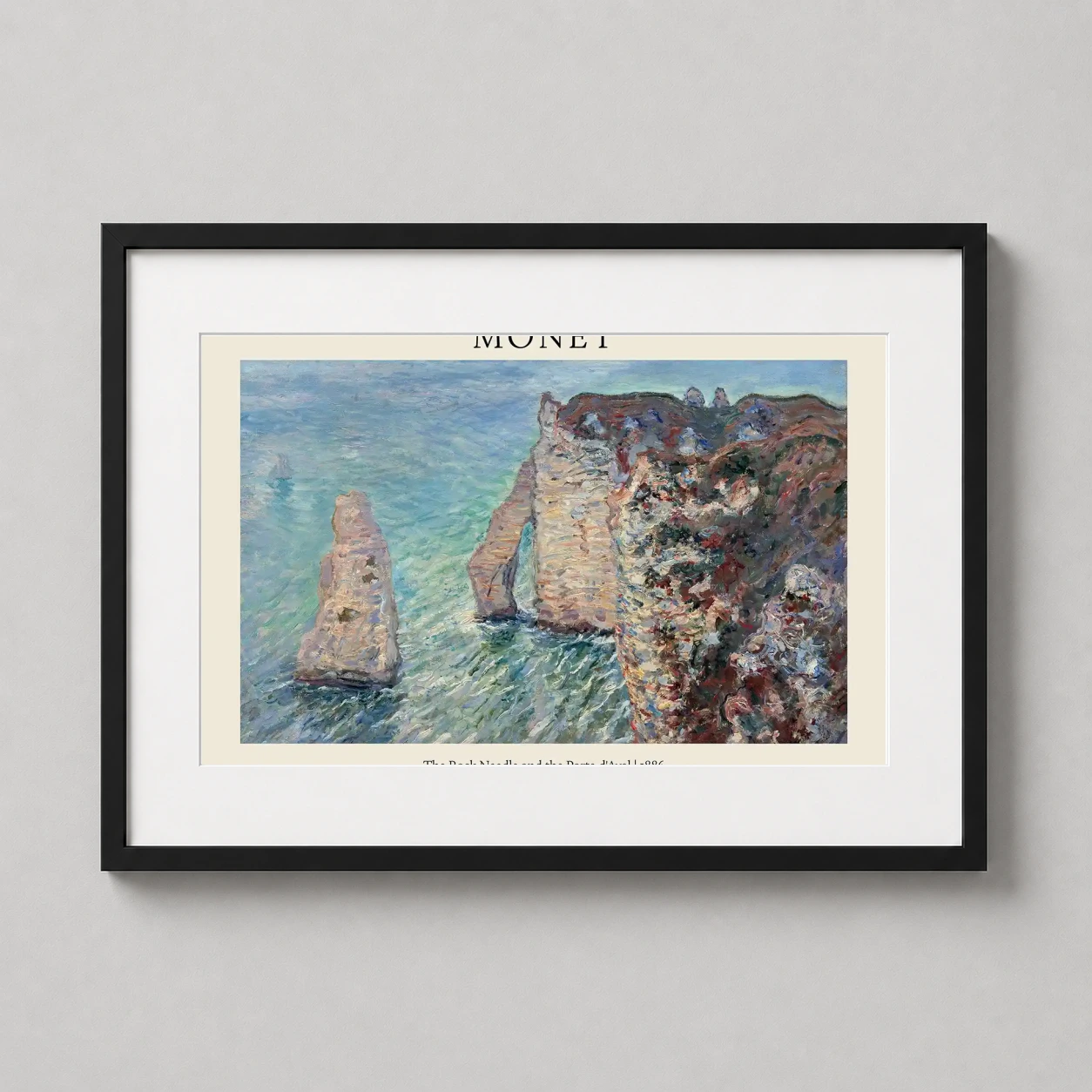 Claude Monet Rock Needle — soft impressionist view of the limestone cliffs at Etretat, featuring