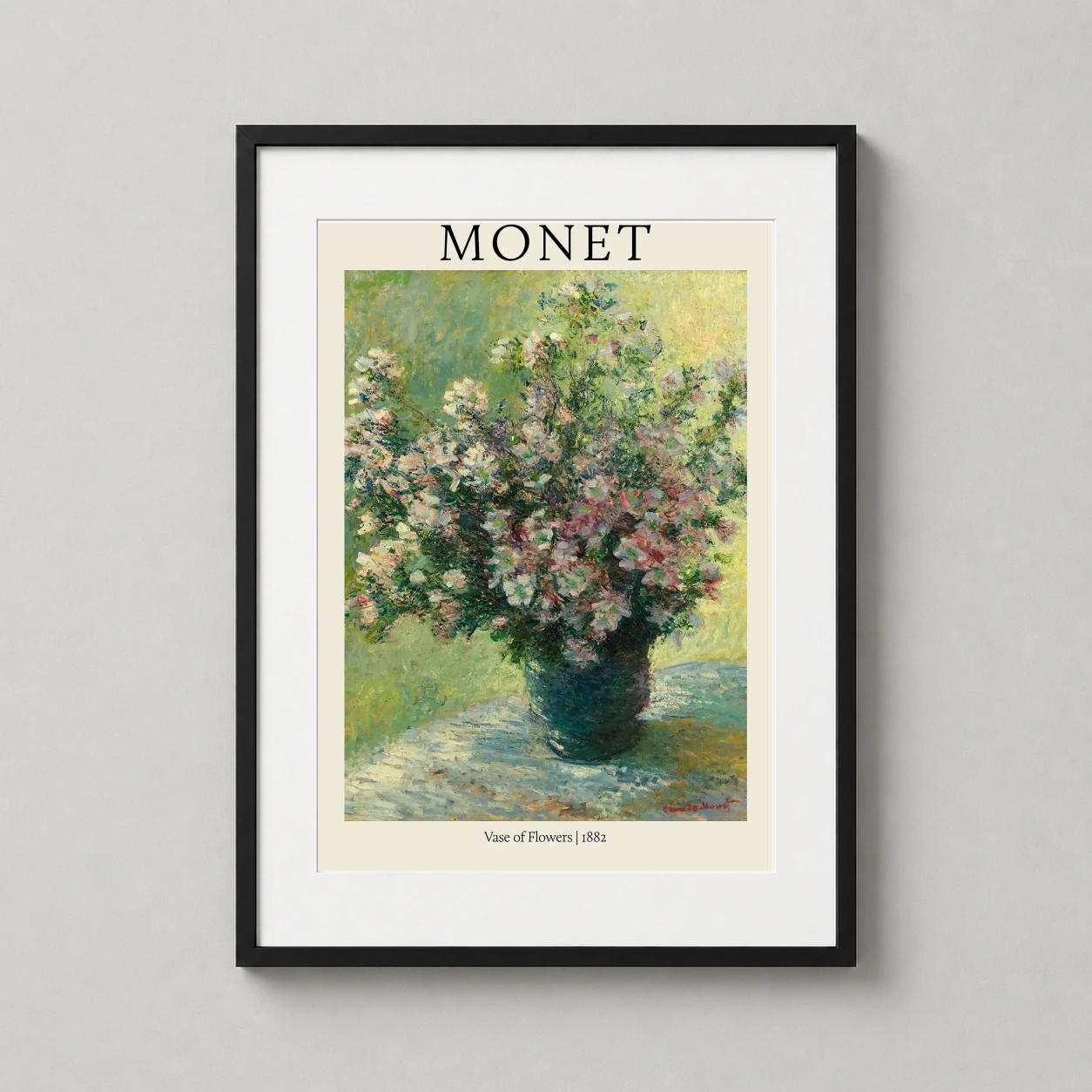 Monet Vase Flowers 1882 — impressionist bouquet of pink and white blossoms in a dark teal vase