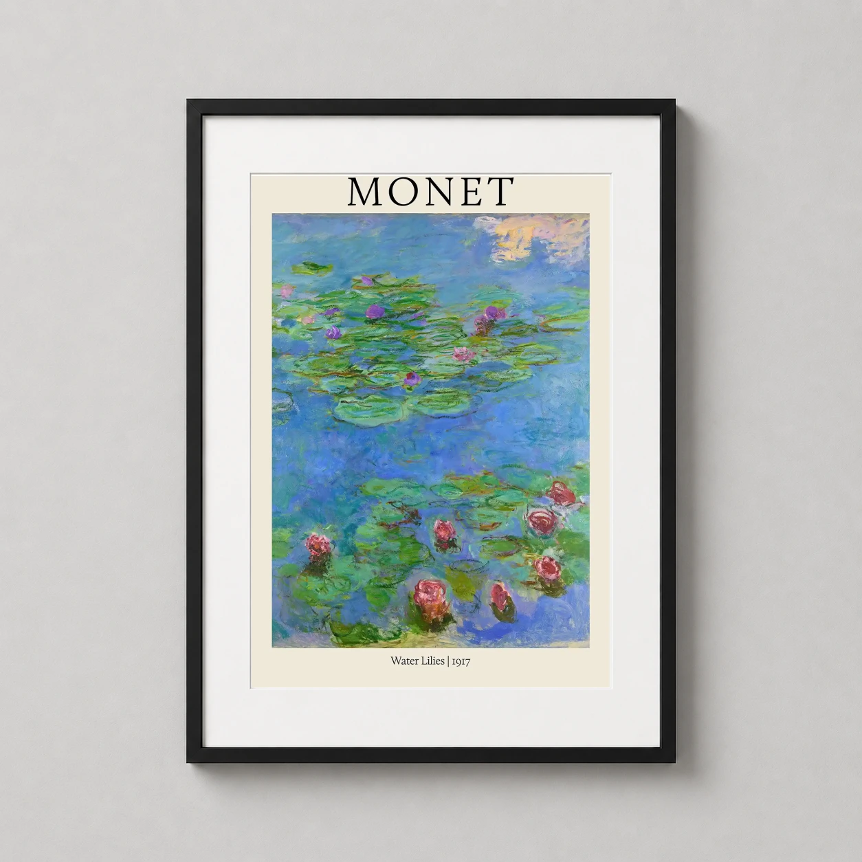 Claude Monet Water Lilies — impressionist depiction of pink and purple water lilies floating on