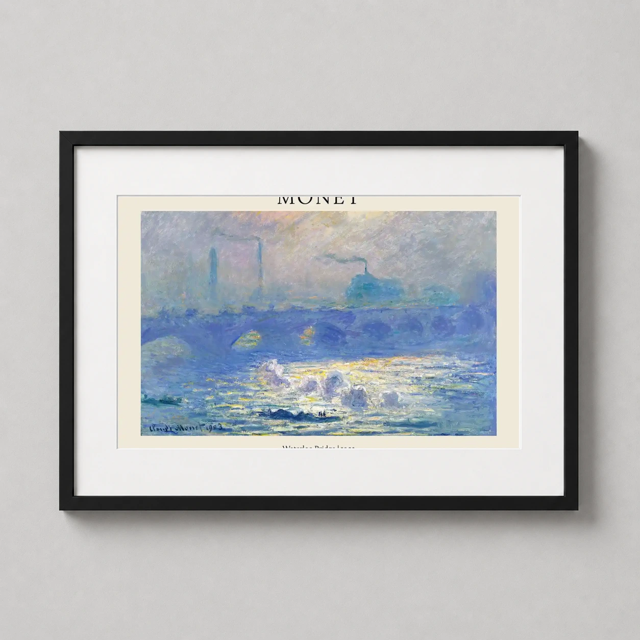 Room mockup of Claude Monet Waterloo Bridge 1903 London Impressionist Art Print, displayed as framed wall art in a living room setting as a landscape print with blue and gold tones.