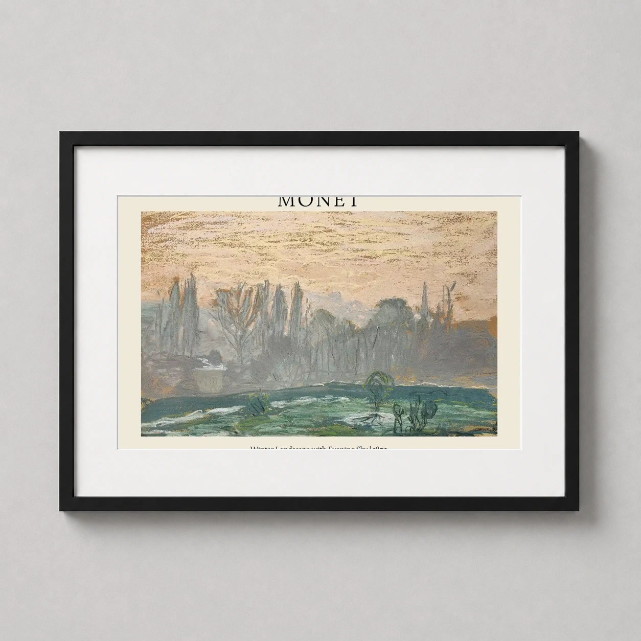 Monet Winter Landscape Evening — serene 1870 Impressionist scene by Claude Monet featuring a