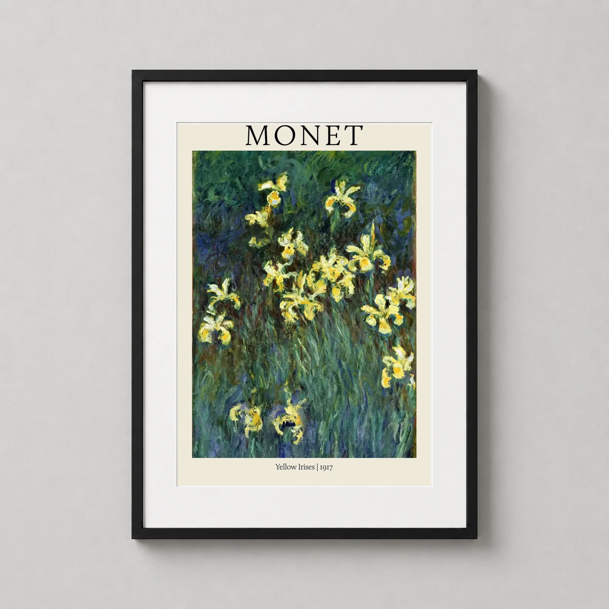 Monet Irises — luminous yellow irises bloom against a deep emerald and violet
