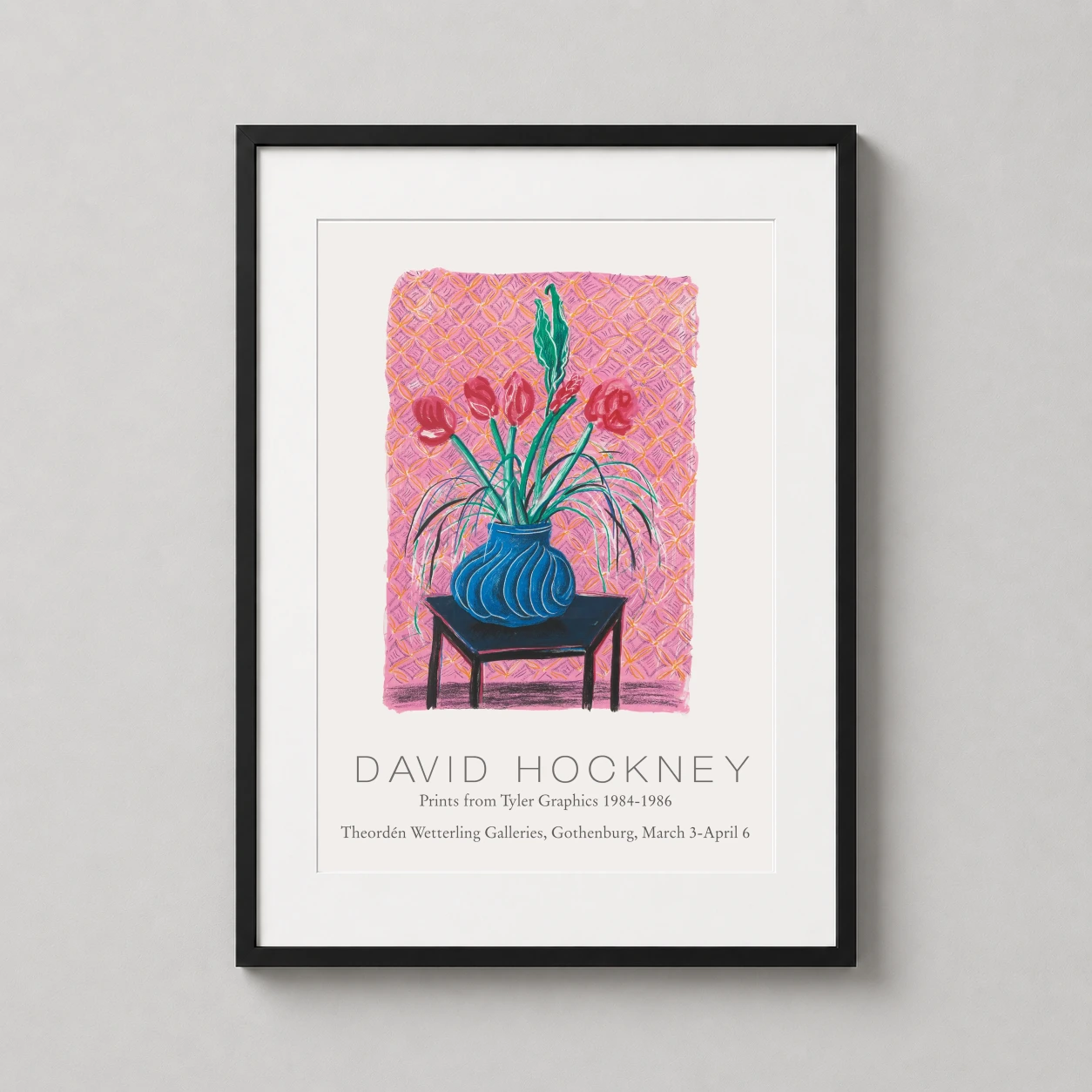 David Hockney Still Life — this David Hockney exhibition print features a textured blue vase with