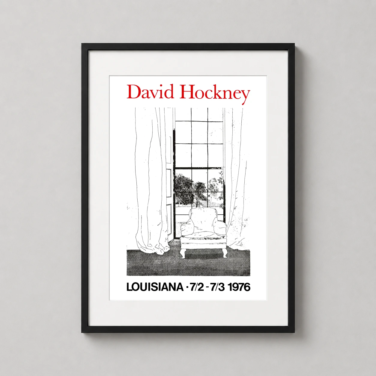 David Hockney Louisiana Museum — minimalist black and white line drawing featuring an armchair and