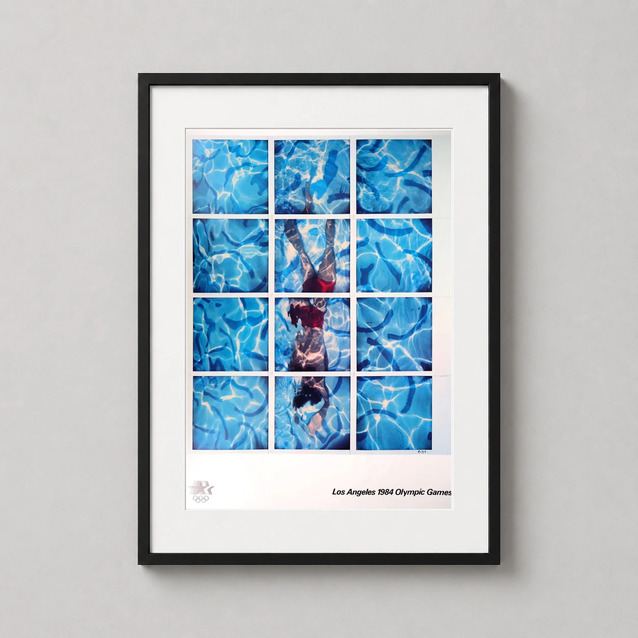 Los Angeles Olympics Swimmer Photo — vibrant photo-grid of a swimmer in a turquoise pool with red trunks