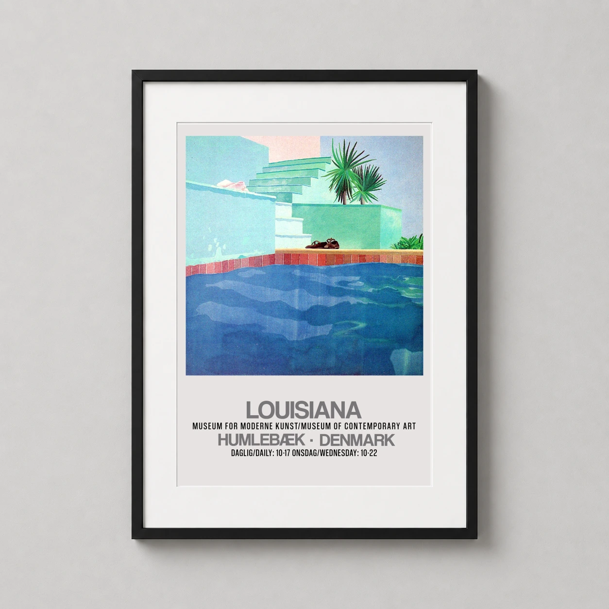 Louisiana Museum Denmark Poolside — vibrant poolside exhibition poster for the Louisiana Museum in Denmark