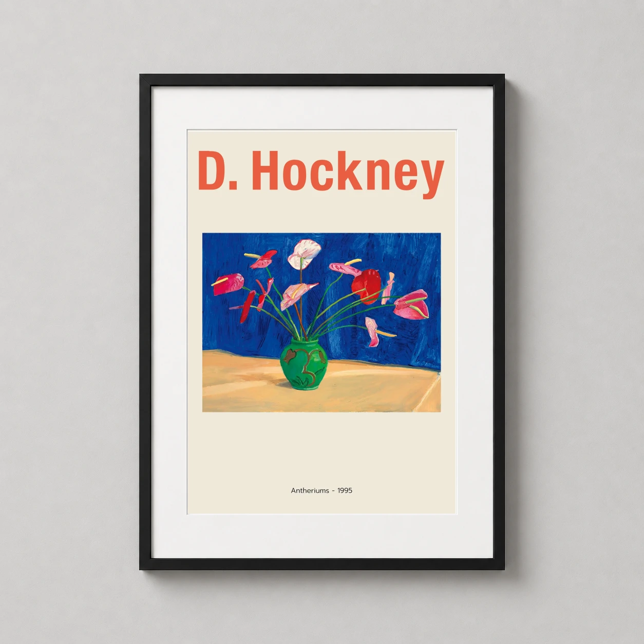 David Hockney Antheriums Still — featuring pink and red antheriums in a vibrant green vase, this David