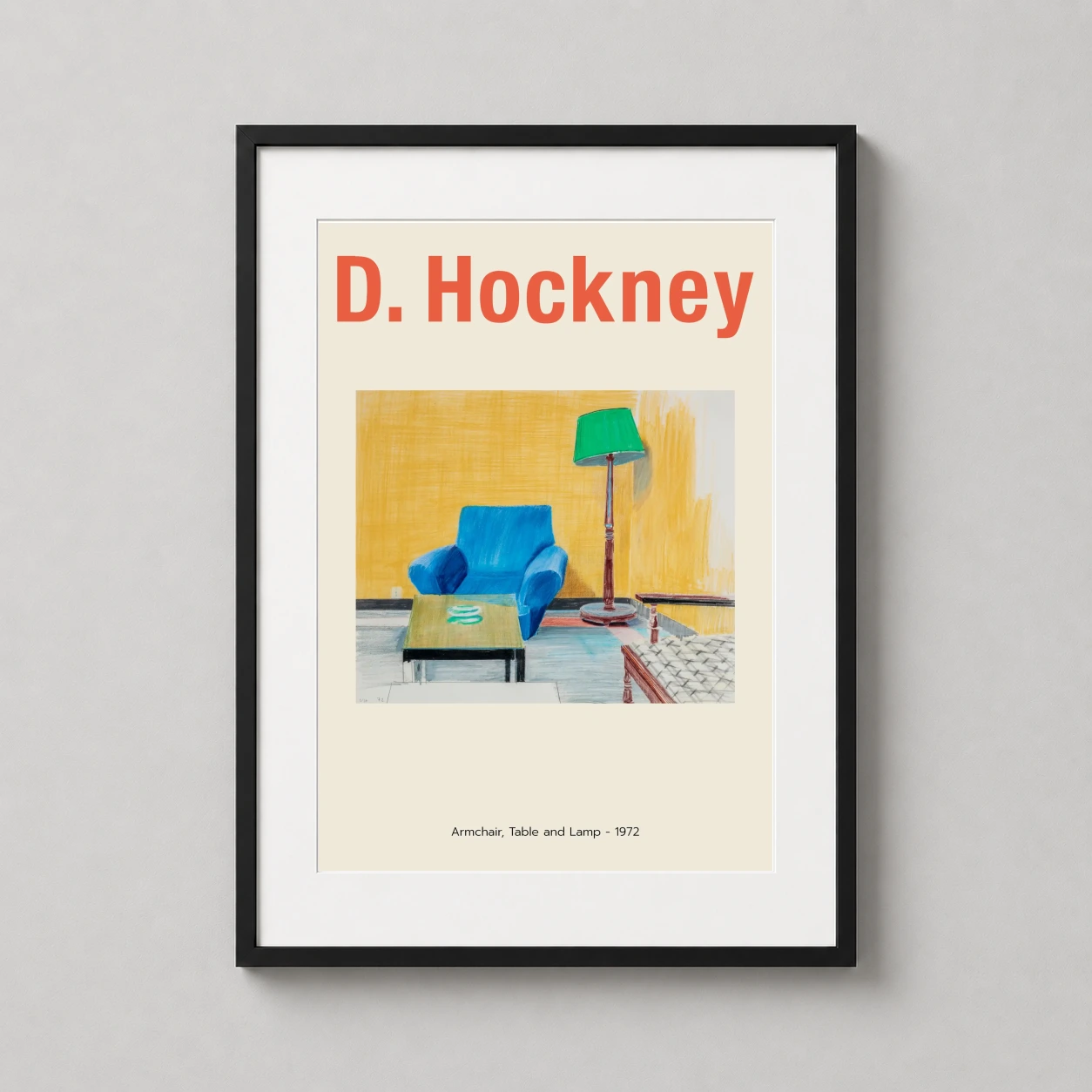 Room mockup of David Hockney Armchair Table and Lamp 1972 Exhibition Art Print, displayed as framed wall art in a dorm room setting as a portrait print with blue, green, and yellow tones.