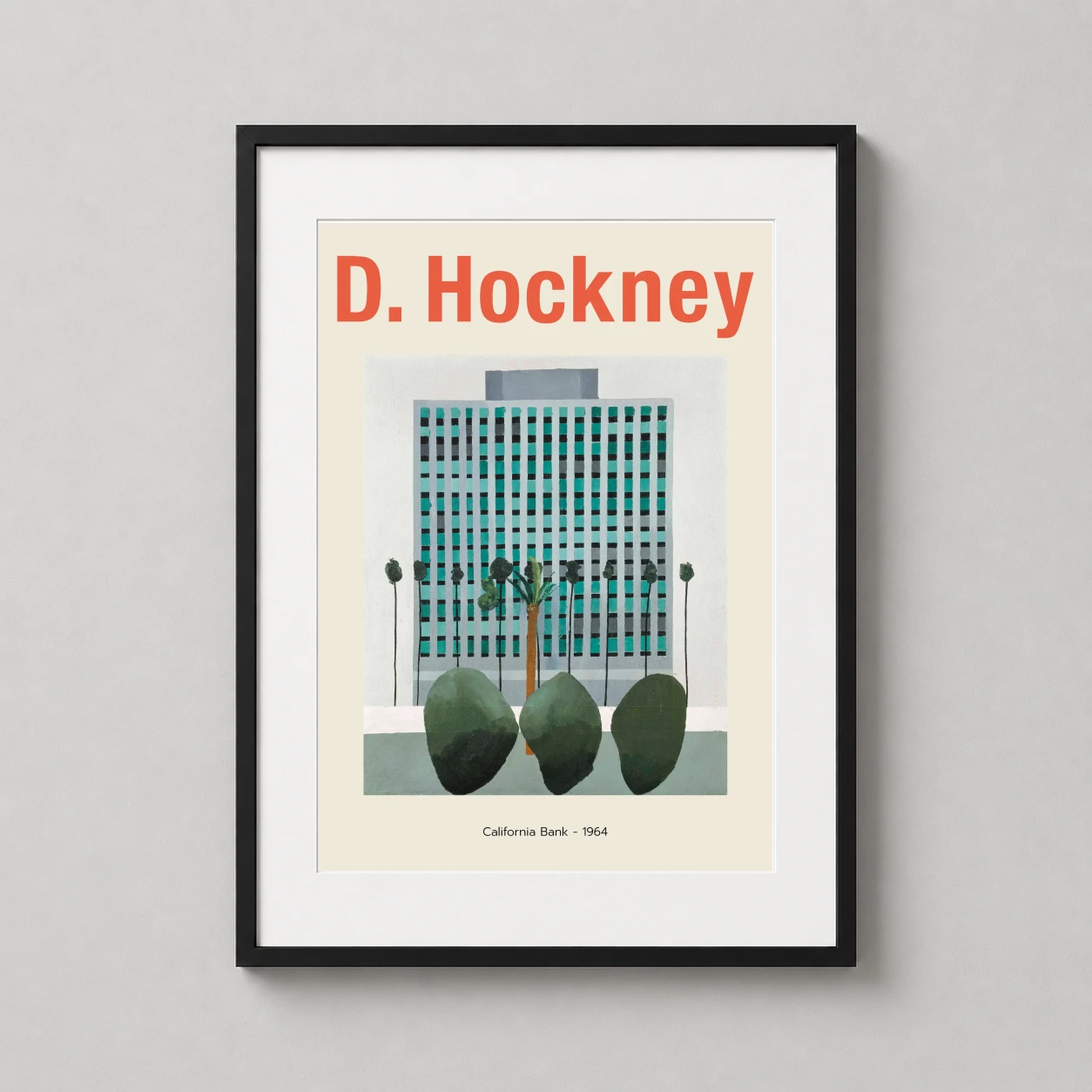 David Hockney California Bank — featuring the modernist grid of a Los Angeles bank and stylized palm