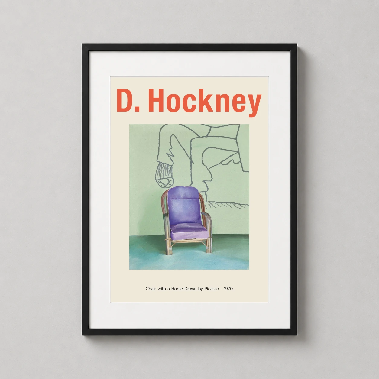 David Hockney Chair Horse — vibrant purple chair stands before a wall featuring a gray line-drawn