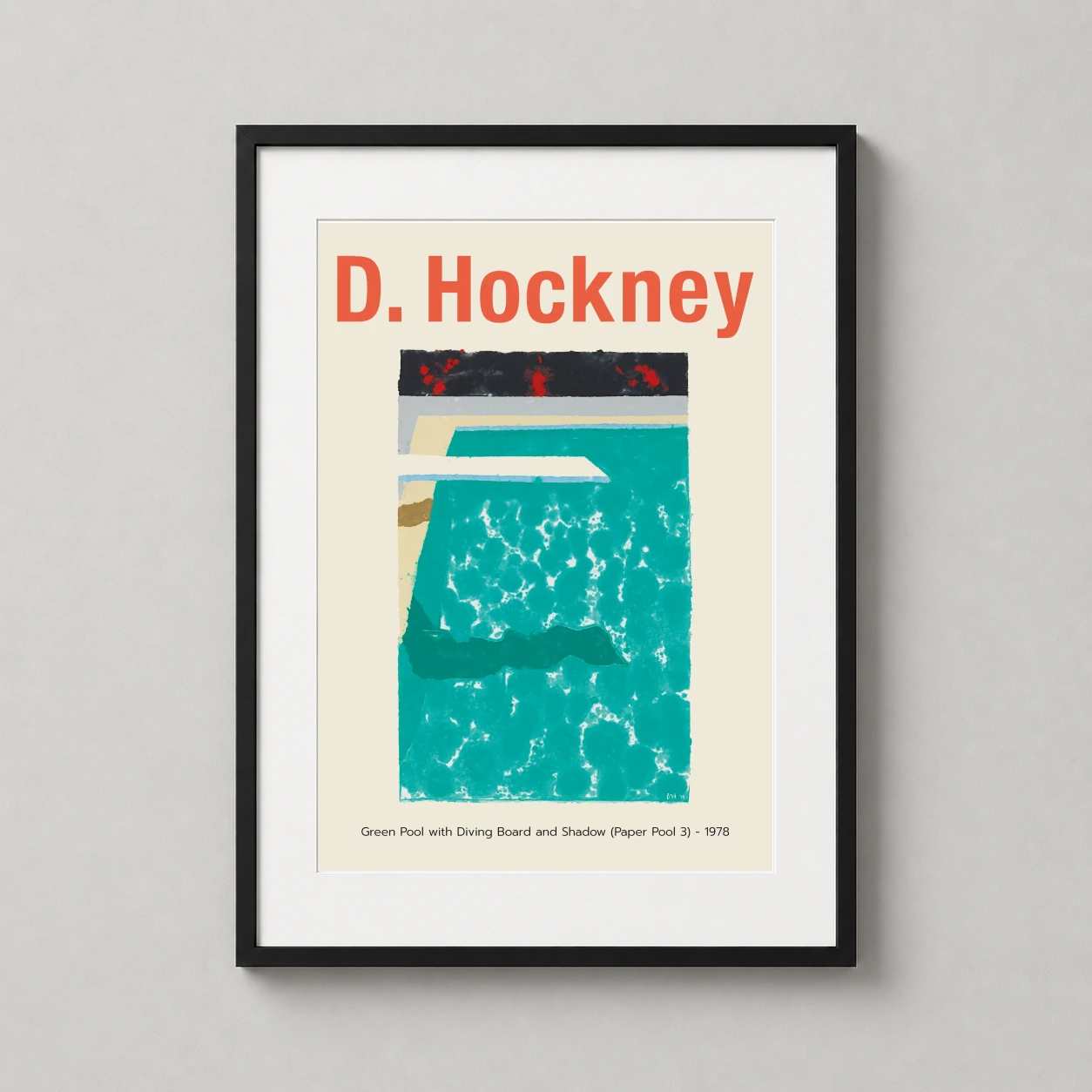 Room mockup of David Hockney Green Pool with Diving Board and Shadow Art Print, displayed as framed wall art in a dorm room setting as a portrait print with green and white tones.