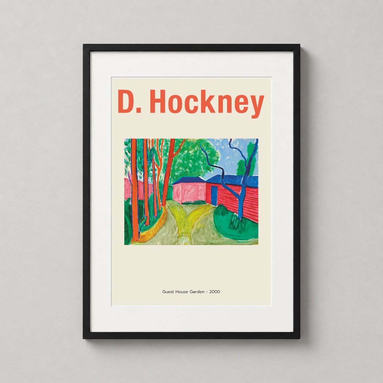 David Hockney Guest House — vibrant expressionist garden scene by David Hockney featuring bold red