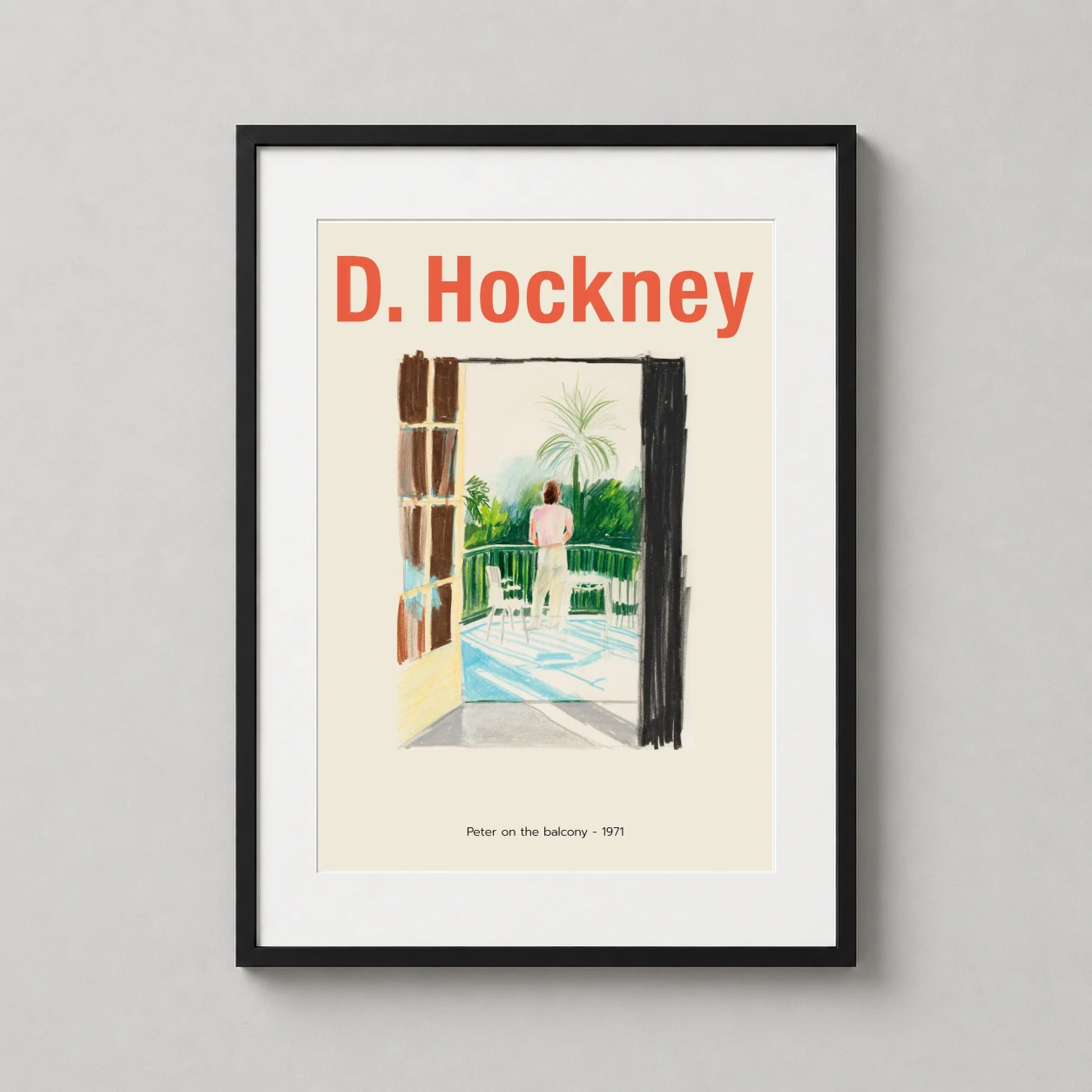 Room mockup of Peter on the Balcony 1971 David Hockney Exhibition Art Print, displayed as framed wall art in a dorm room setting as a portrait print with green and cream tones.