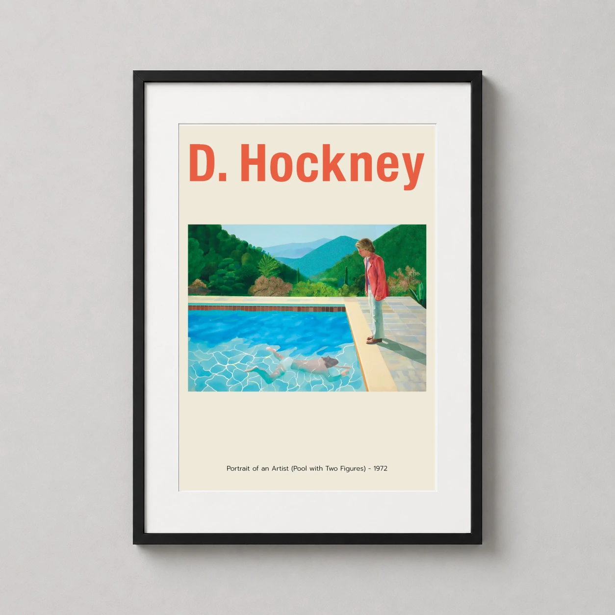 Room mockup of David Hockney Portrait of an Artist, Pool with Two Figures Art Print, displayed as framed wall art in a dorm room setting as a portrait print with teal and red tones.