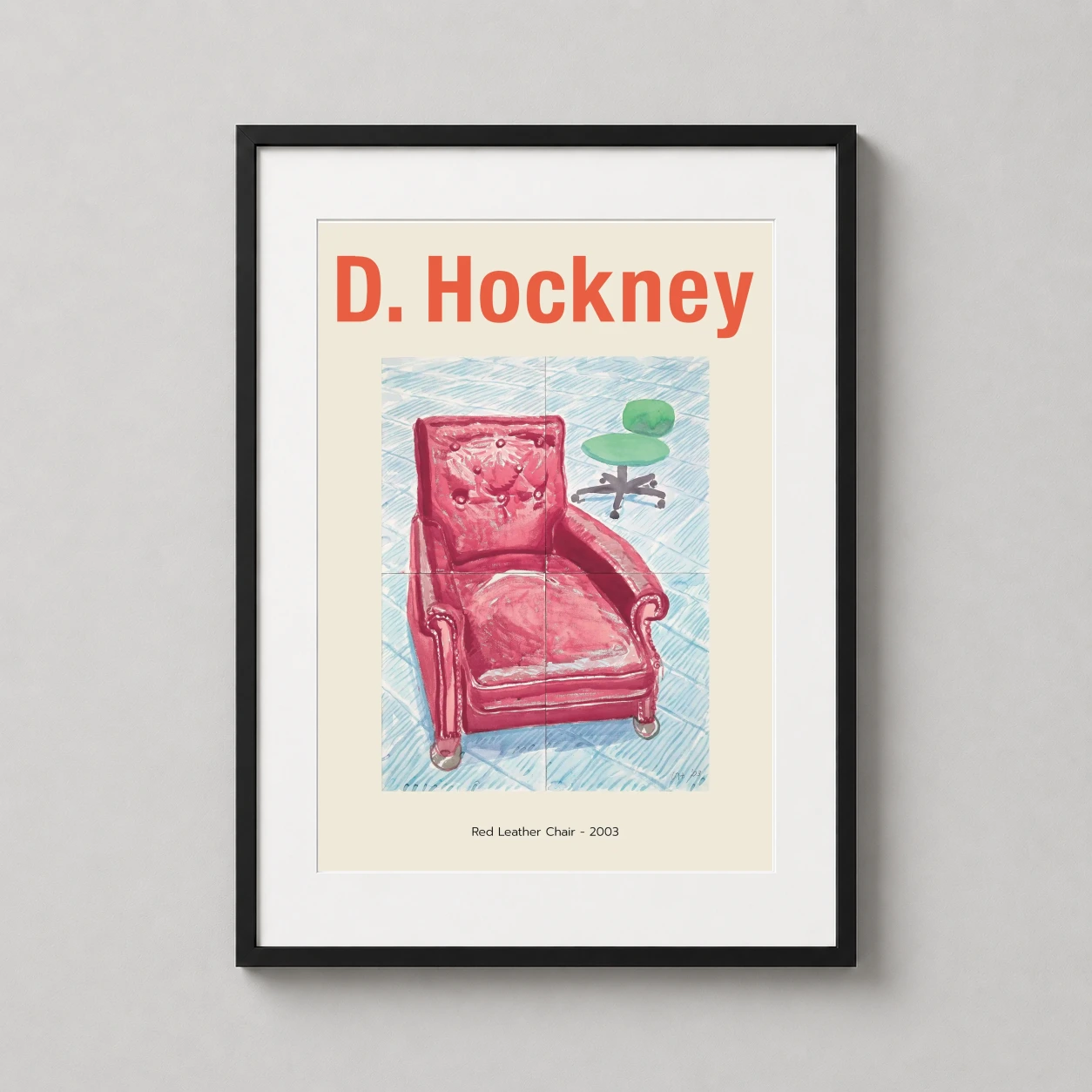 Room mockup of Hockney Red Leather Chair 2003 Modern Exhibition Art Print, displayed as framed wall art in a dorm room setting as a portrait print with blue, green, and red tones.