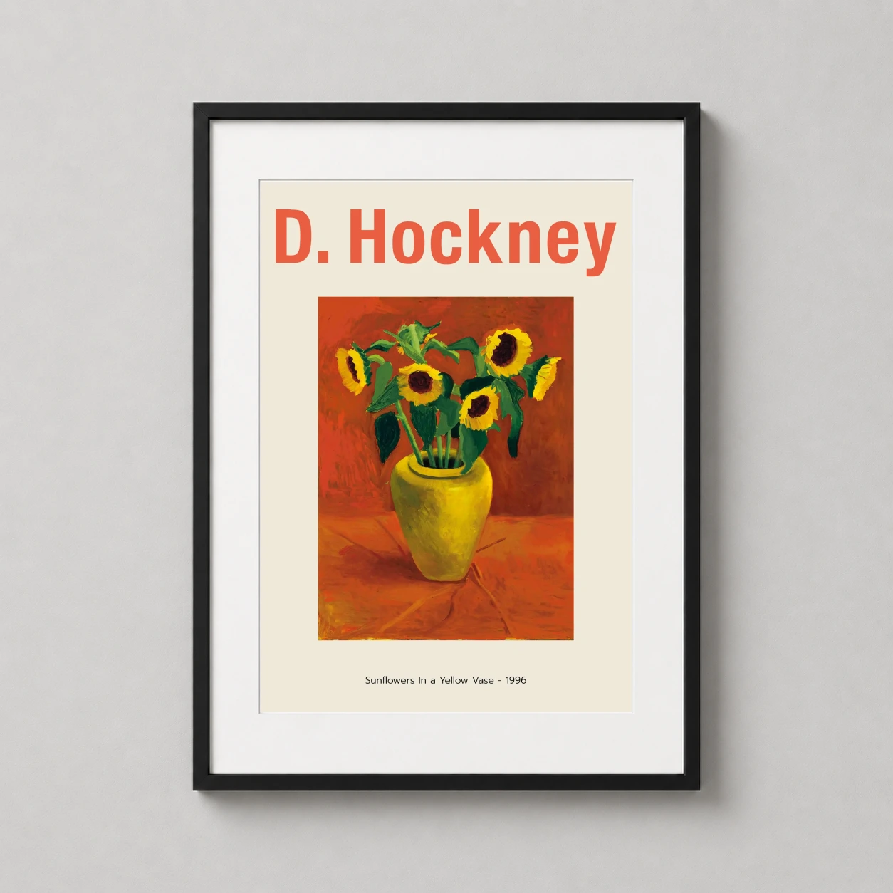 David Hockney Sunflowers Vase — vibrant yellow sunflowers rest in a matching lemon-hued vase against a