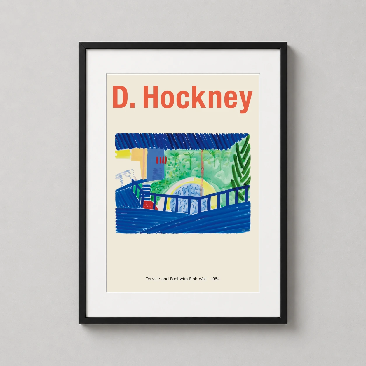 Room mockup of David Hockney Terrace and Pool with Pink Wall 1984 Art Print, displayed as framed wall art in a dorm room setting as a portrait print with blue, green, and pink tones.