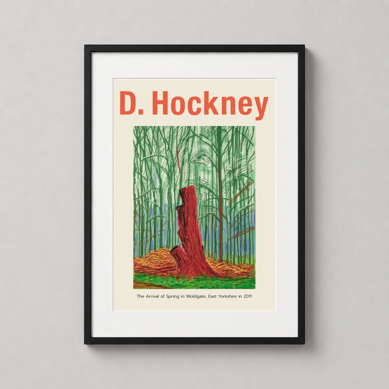 David Hockney Arrival Spring — vibrant red tree stump stands before a lush green forest in this David
