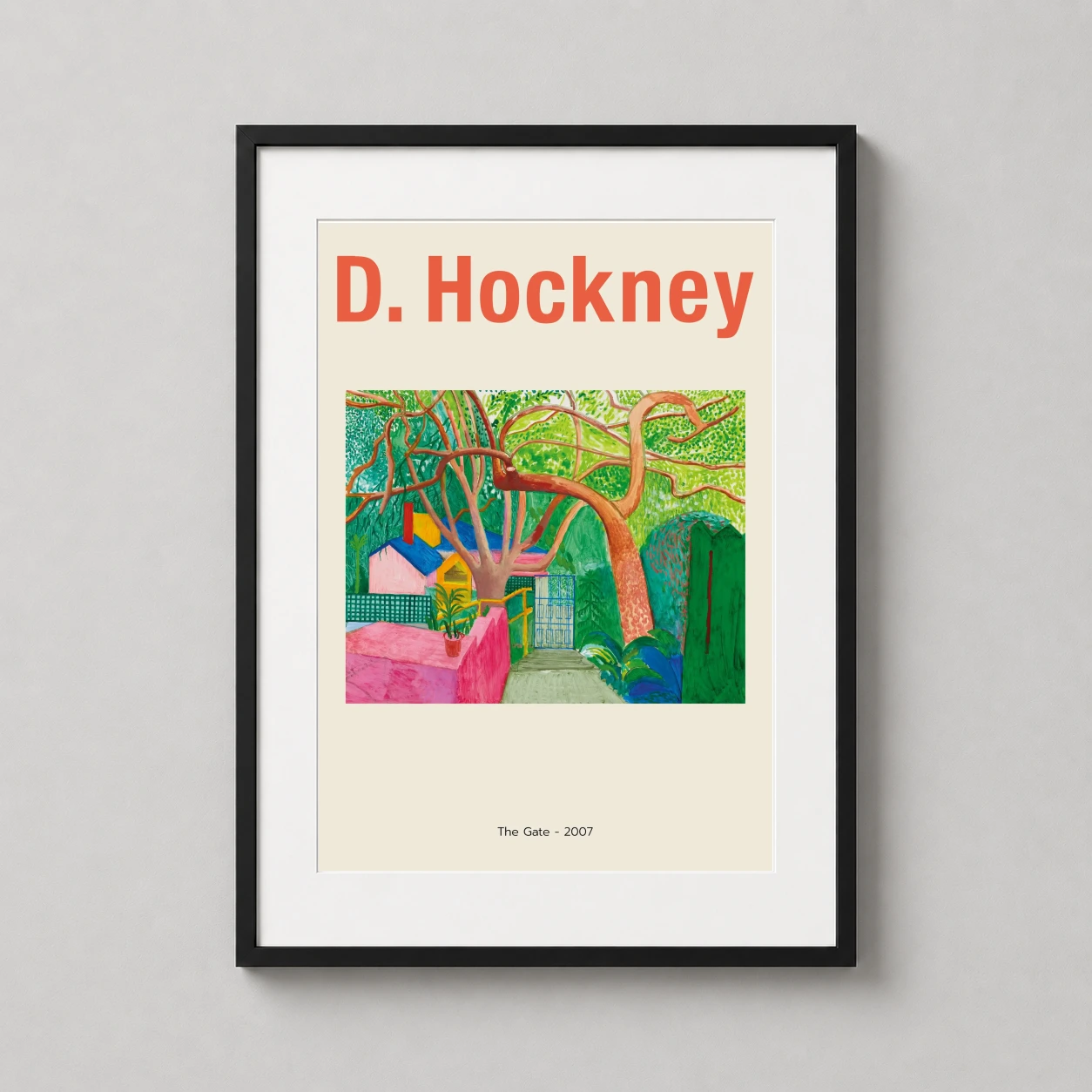 Room mockup of The Gate 2007 David Hockney Vibrant Landscape Art Print, displayed as framed wall art in a dorm room setting as a portrait print with blue, orange, and pink tones.