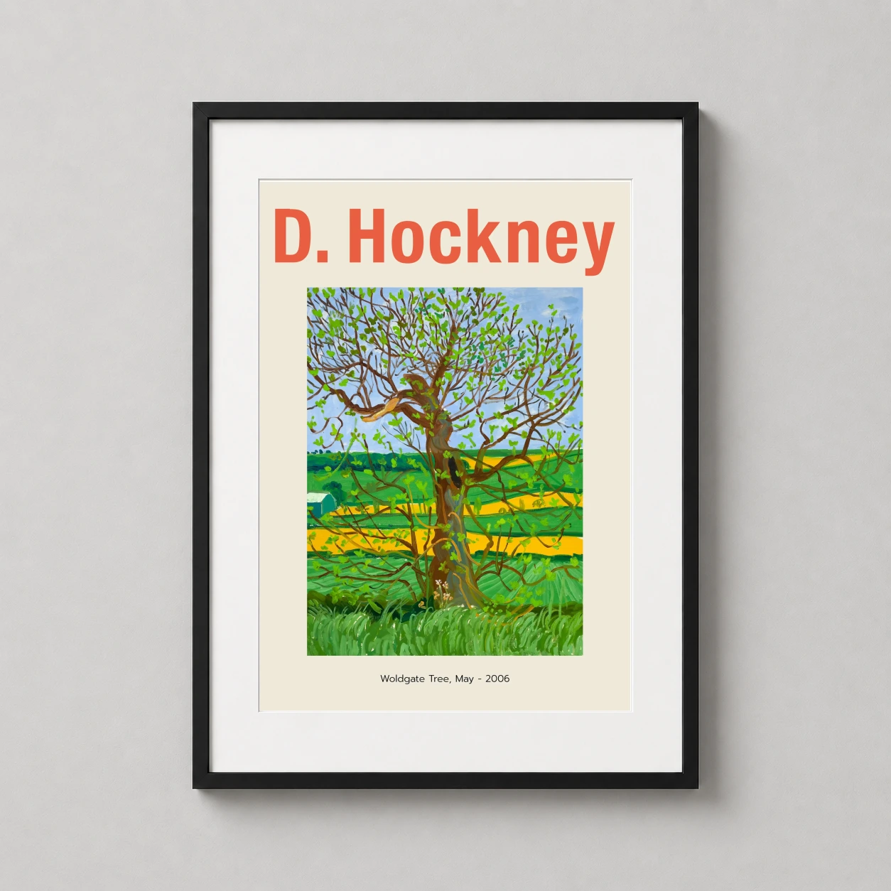 Room mockup of David Hockney Woldgate Tree, Modern Landscape Wall Art Print, displayed as framed wall art in a bedroom setting as a portrait print with blue, green, and yellow tones.