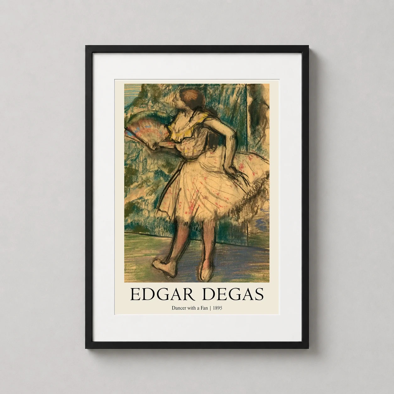 Edgar Degas Dancer Fan — this 1895 Edgar Degas pastel depicts a ballerina in a floral tutu