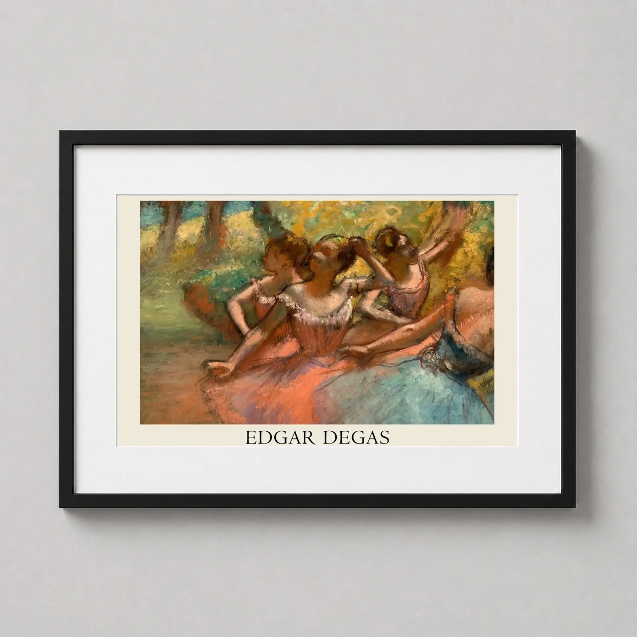 Edgar Degas Four Ballet — impressionist depiction of four ballet dancers on stage in vibrant
