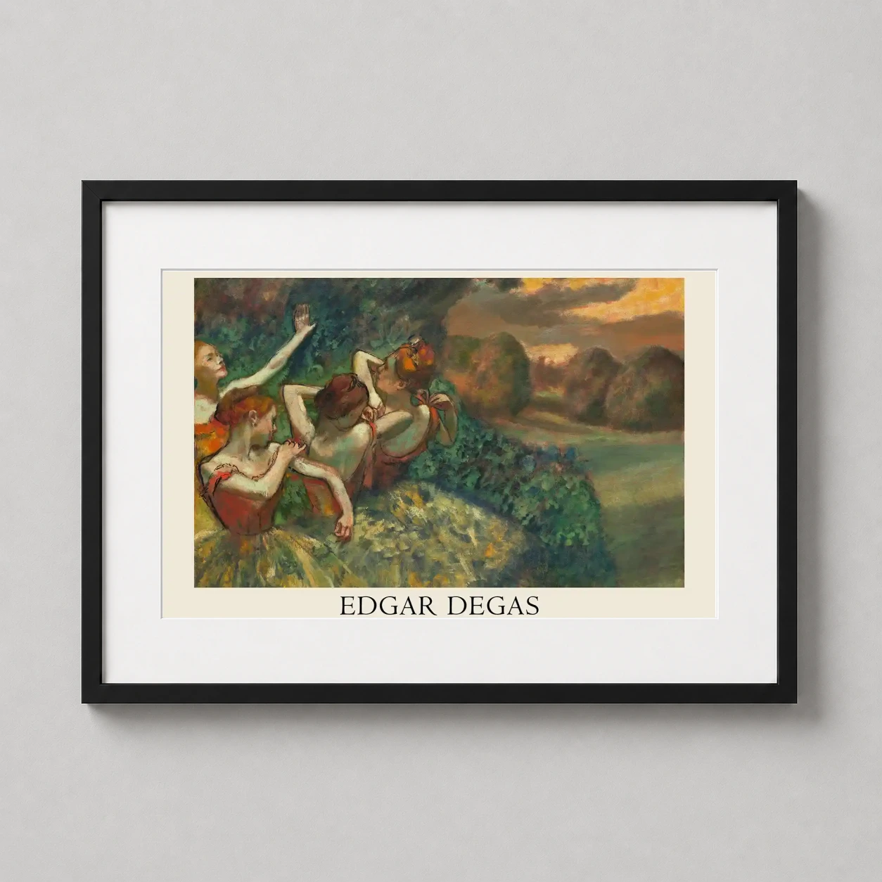 Edgar Degas Four Dancers — this Impressionist print features four ballet dancers in vibrant orange