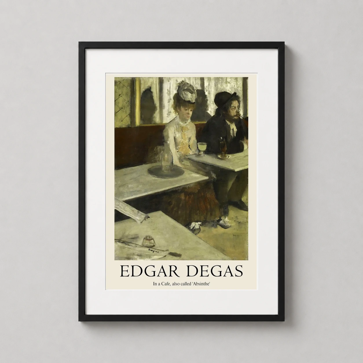 Edgar Degas Cafe Absinthe — somber Parisian cafe scene featuring a man and woman in muted greens