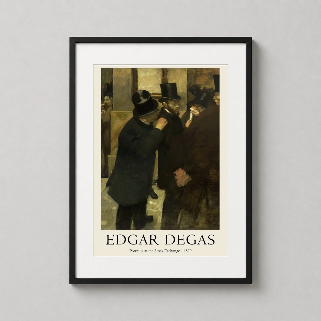 Room mockup of Edgar Degas Portraits at the Stock Exchange 1879 Museum Art Print, displayed as framed wall art in a living room setting as a portrait print with gold tones.