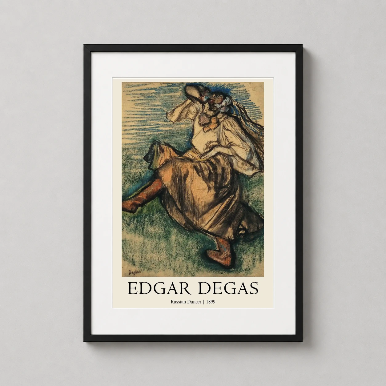 Room mockup of Russian Dancer 1899 Edgar Degas Impressionist Art Print, displayed as framed wall art in a bedroom setting as a portrait print with blue tones.