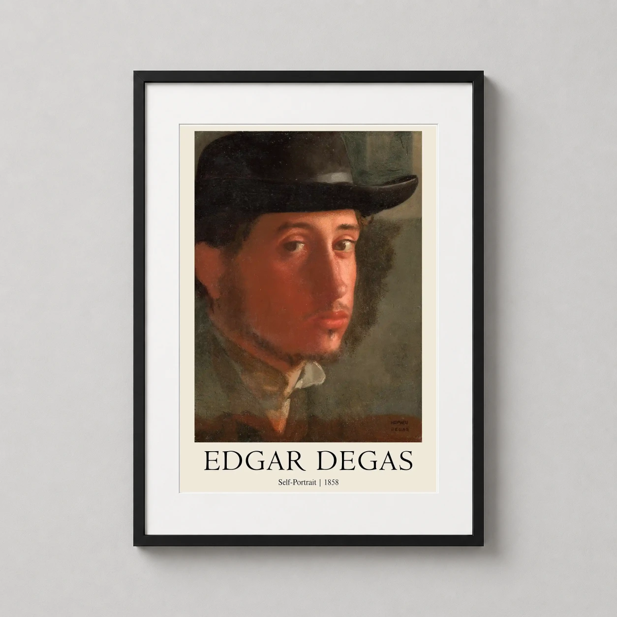 Edgar Degas Self-portrait 1858 — young Edgar Degas wears a dark hat in this 1858 self-portrait featuring