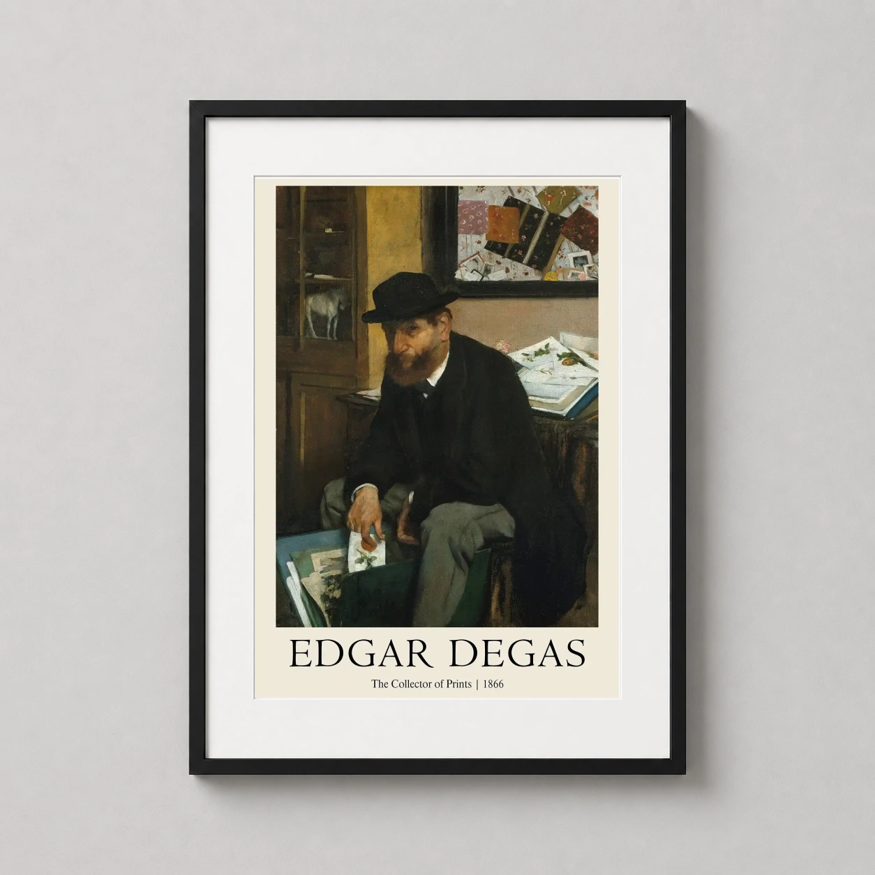 Edgar Degas Collector Prints — bearded gentleman in a black hat sits amongst his collection of