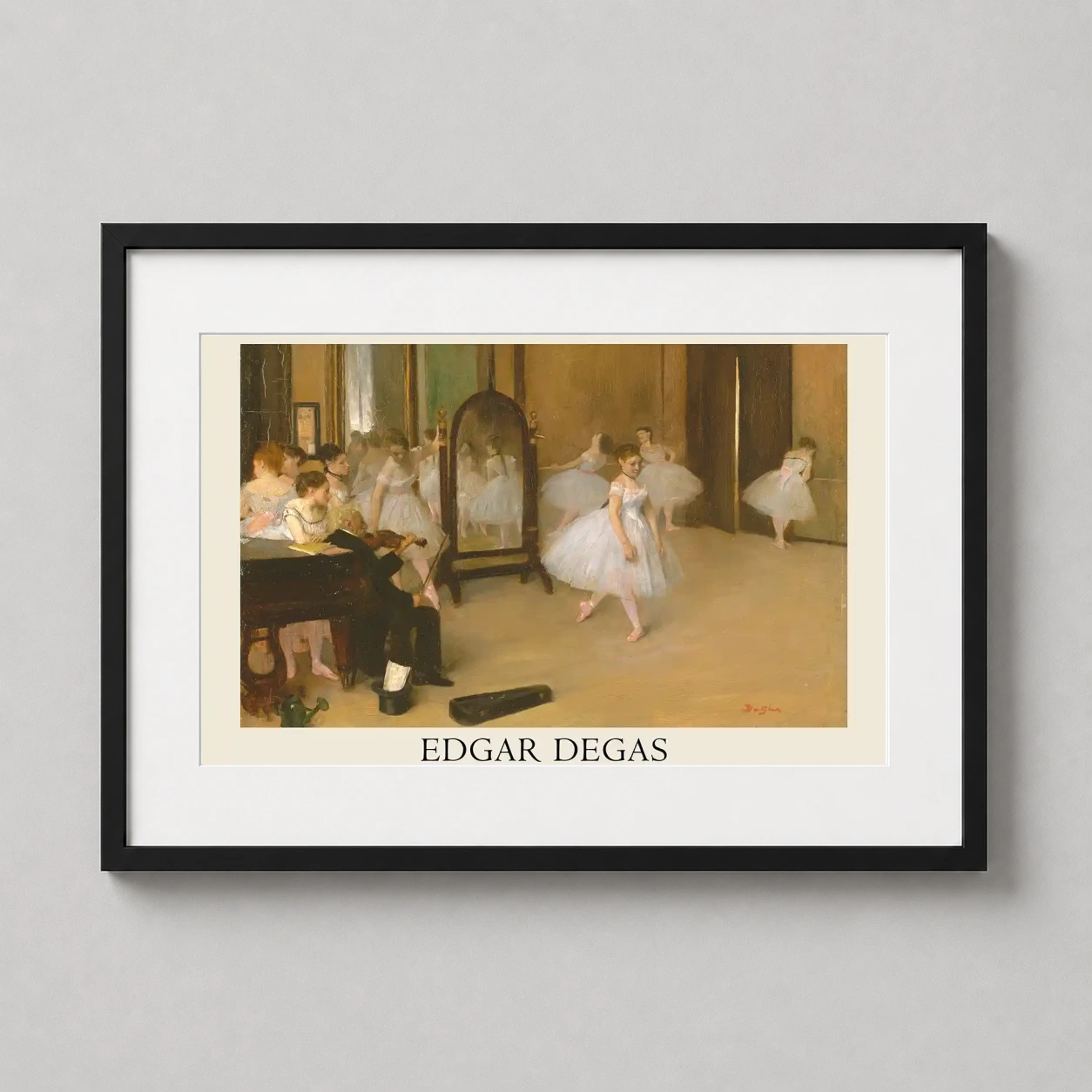 Room mockup of Edgar Degas The Dancing Class 1870 Impressionist Masterpiece Art Print, displayed as framed wall art in a bedroom setting as a landscape print with yellow and white tones.