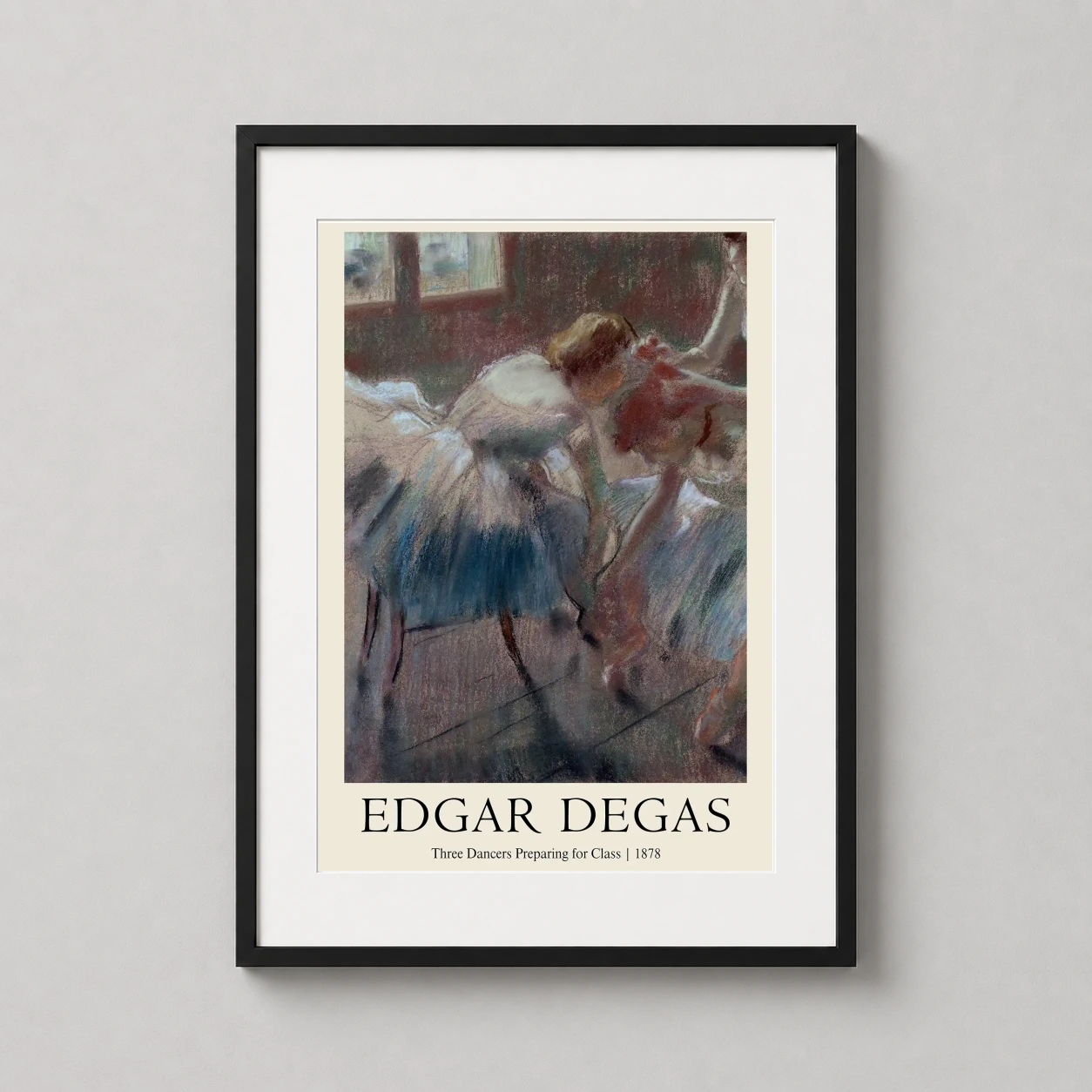 Edgar Degas Three Dancers — impressionist pastel study of three ballet dancers in tutus adjusting