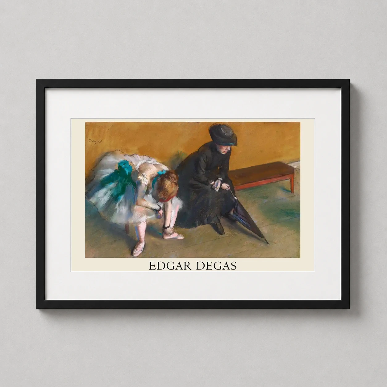 Edgar Degas Waiting L'attente — 1882 pastel study by Edgar Degas featuring a ballerina adjusting her