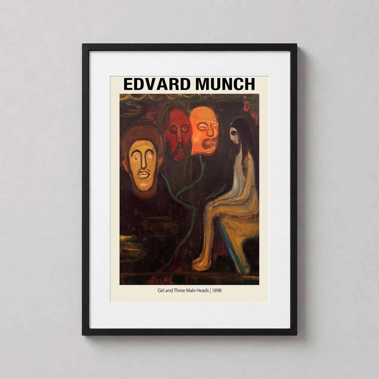 Girl Three Male Heads — evocative Expressionist scene featuring a seated girl confronted by