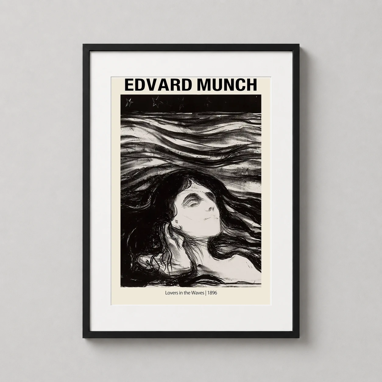 Lovers Waves Edvard Munch — monochrome expressionist lithograph depicting two faces floating amidst