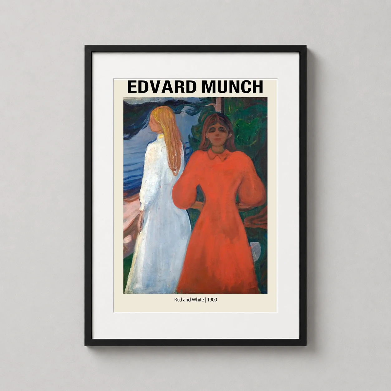 Edvard Munch Red White — evocative Edvard Munch print featuring two women in contrasting red and