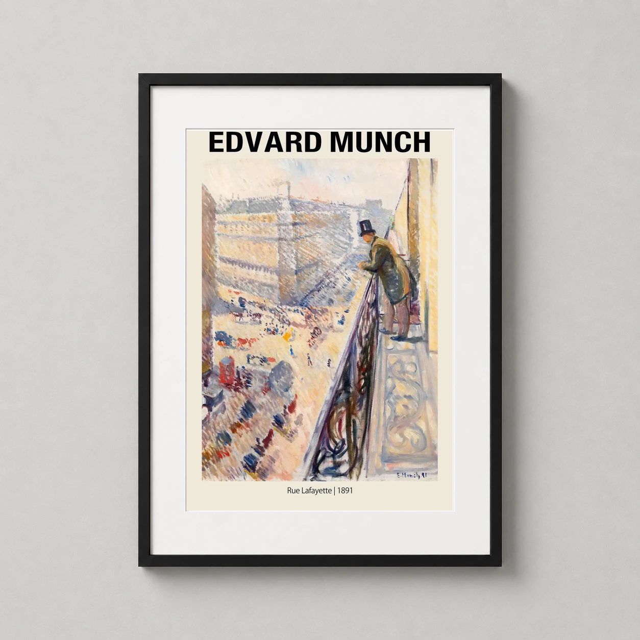 Edvard Munch Rue Lafayette — top-hatted man gazes from a wrought-iron balcony over the sun-drenched