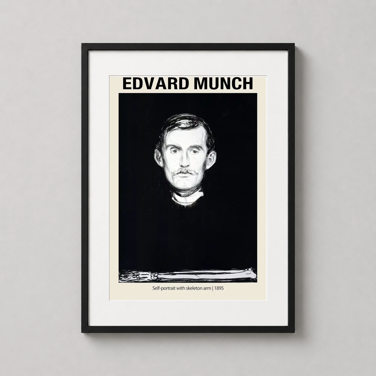 Edvard Munch Self-portrait Skeleton — this monochrome 1895 lithograph-style print features Edvard Munch’s