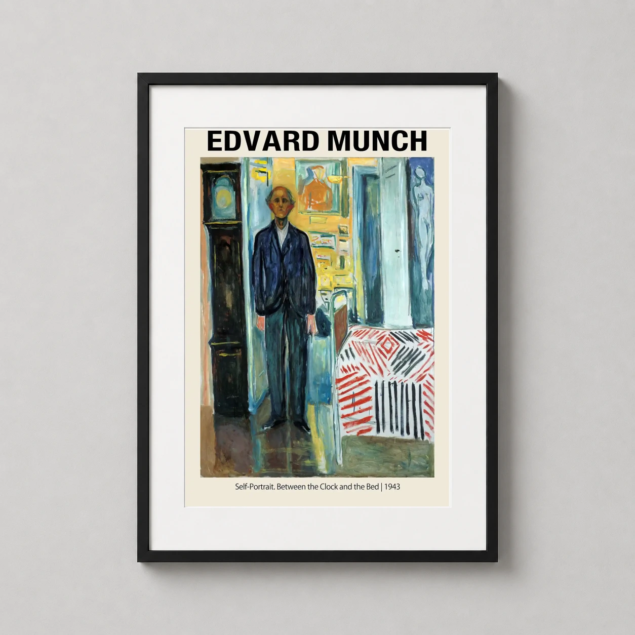 Edvard Munch Self-portrait Between — somber 1943 self-portrait by Edvard Munch featuring a grandfather clock