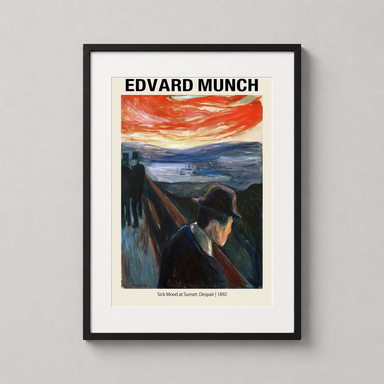 Edvard Munch Sick Mood — melancholic figure leans over a bridge against a fiery red sky and deep