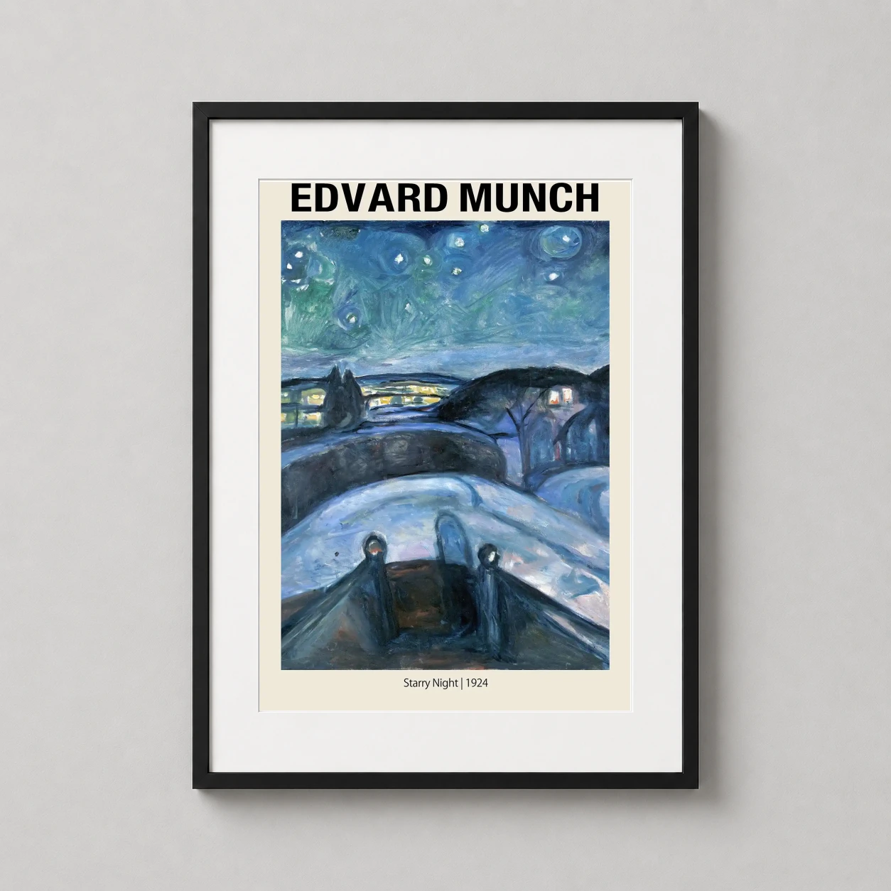 Edvard Munch Starry Night — nocturnal winter scene featuring rolling blue snow mounds under a