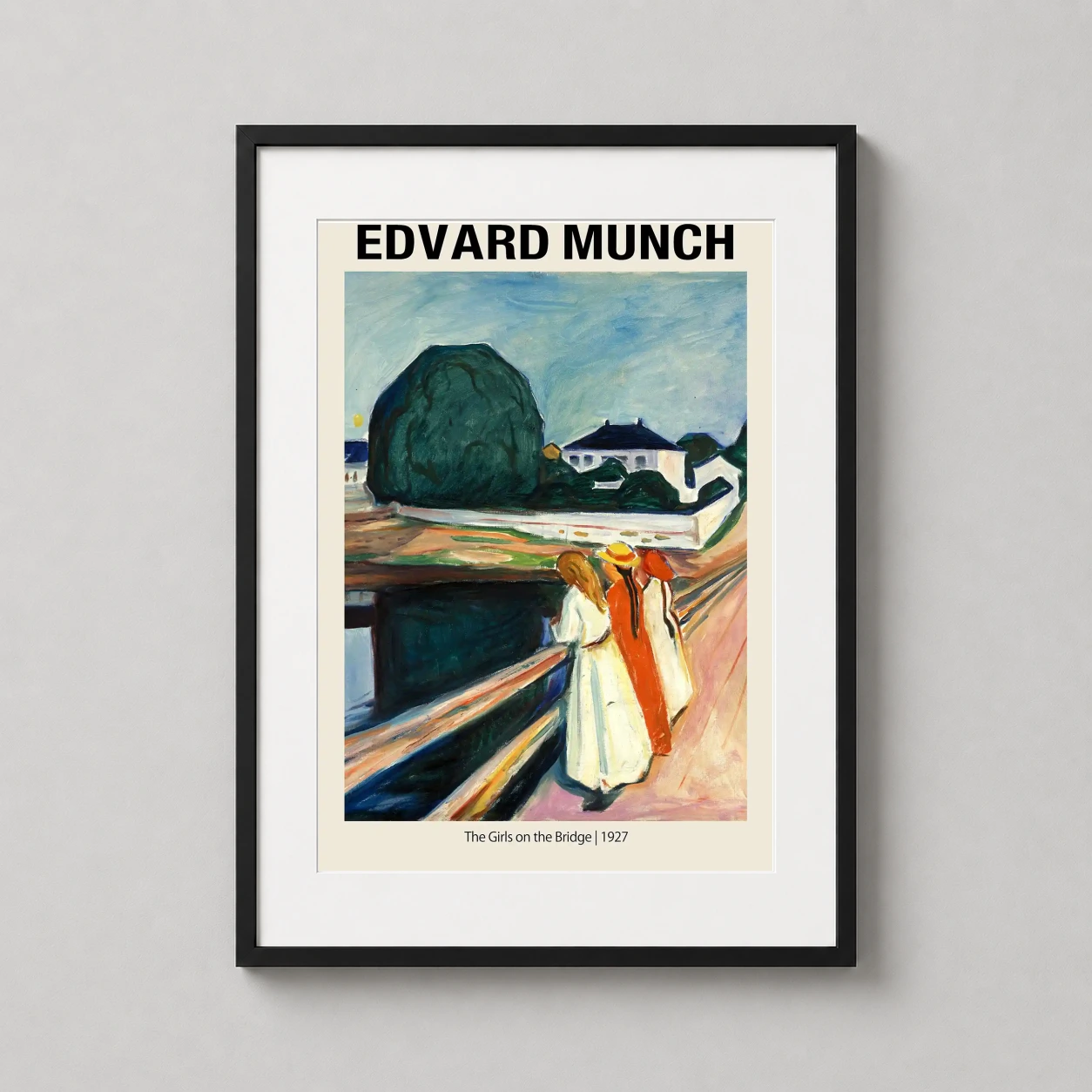 Edvard Munch Girls Bridge — features three young women leaning over a railing beside a massive dark